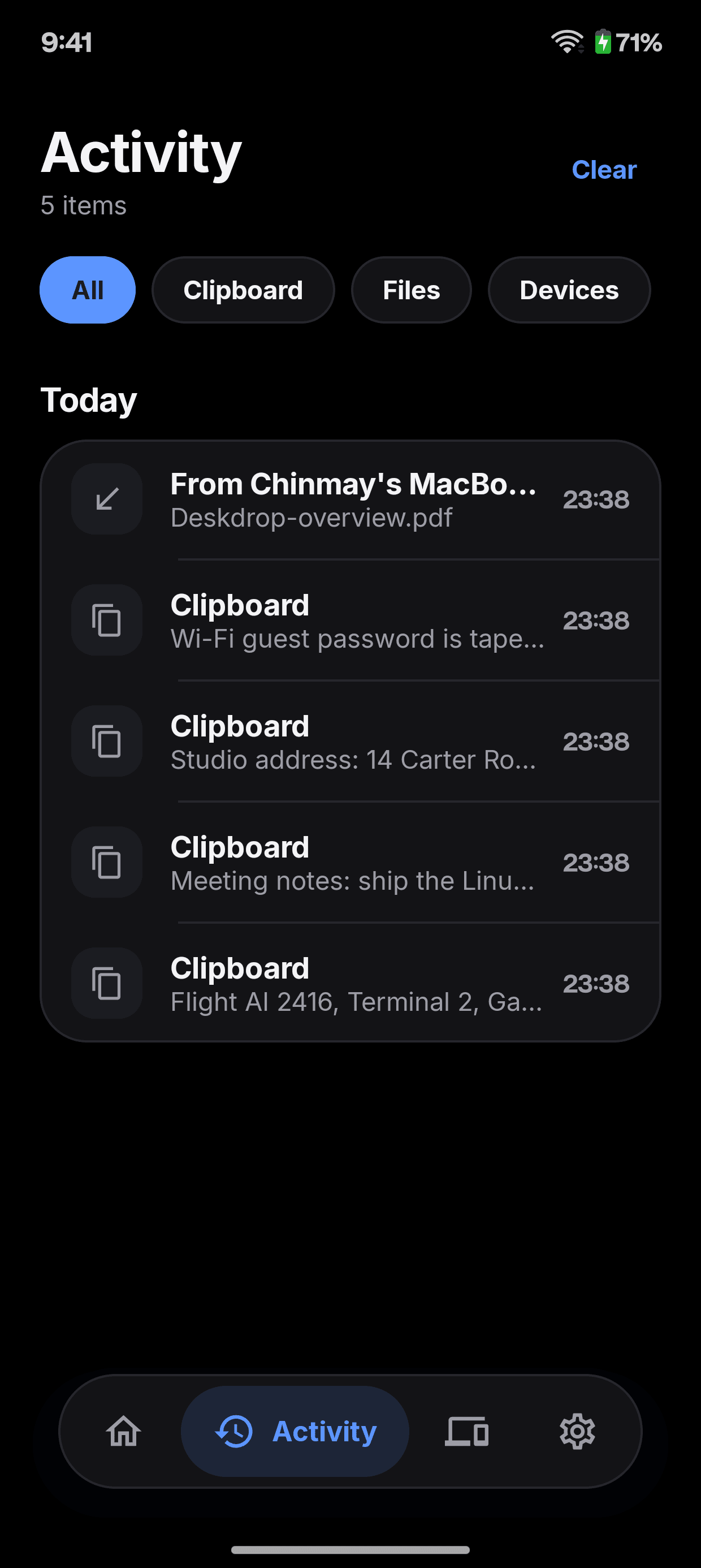 Deskdrop for Android: history screen