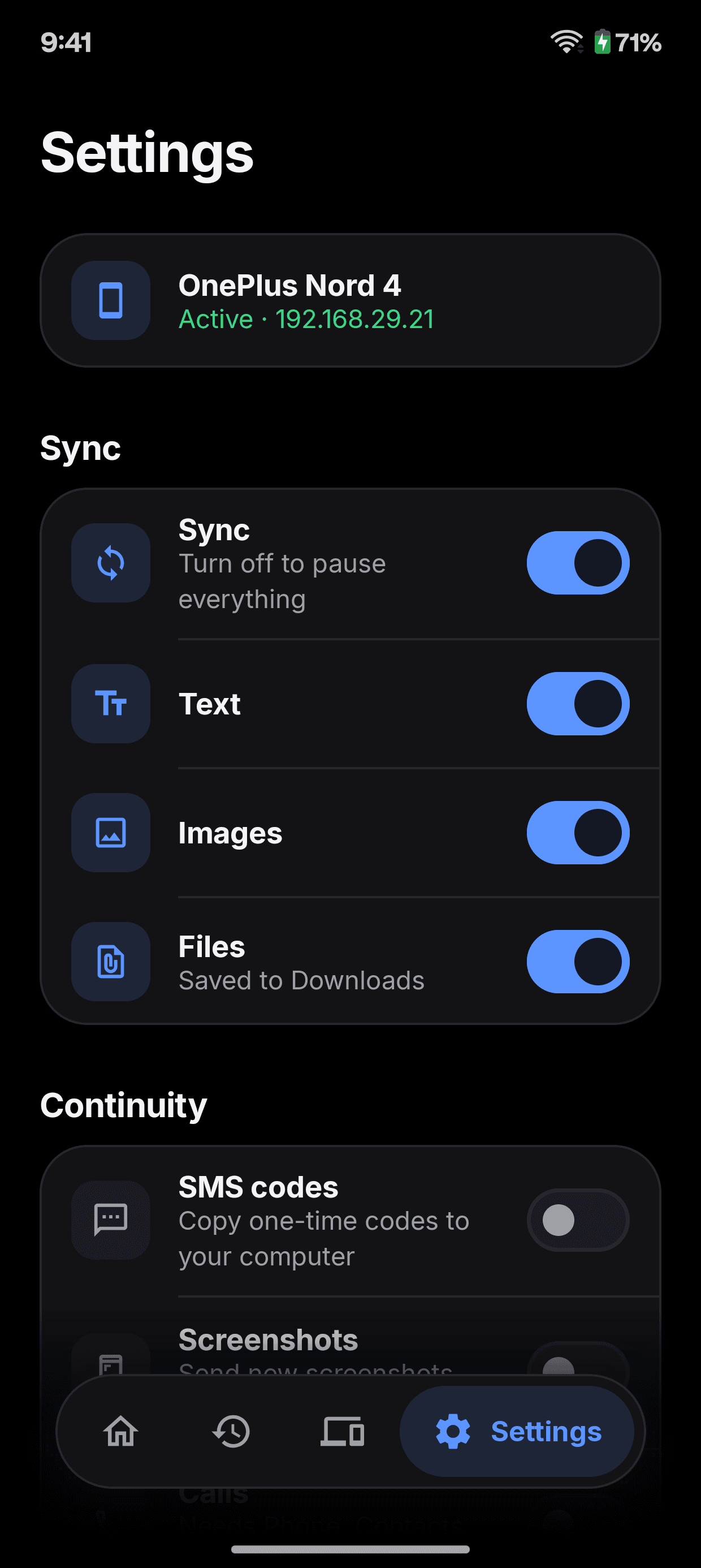 Deskdrop for Android: settings screen