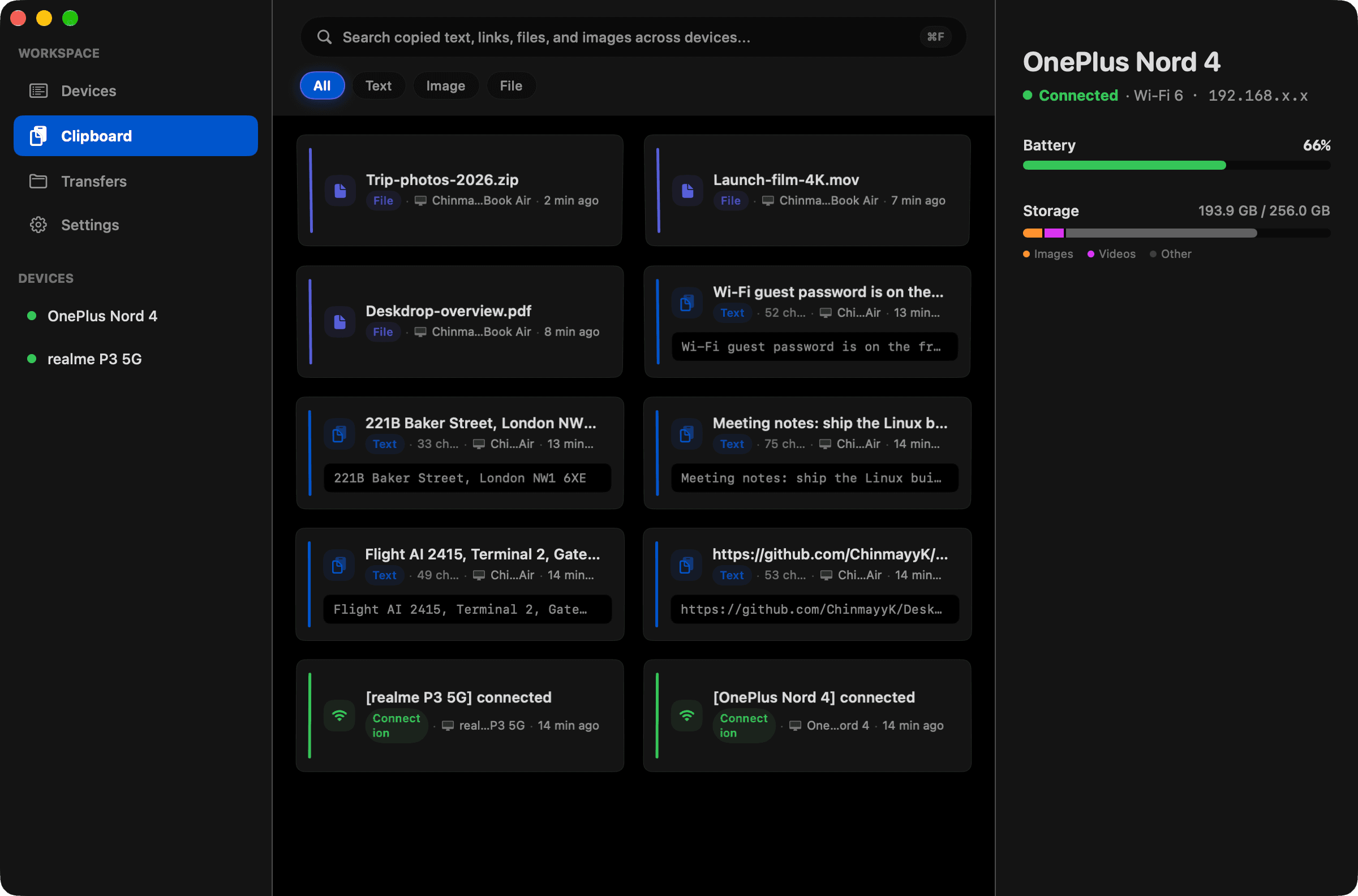 Deskdrop for macOS clipboard history with files, text and connection events from two devices