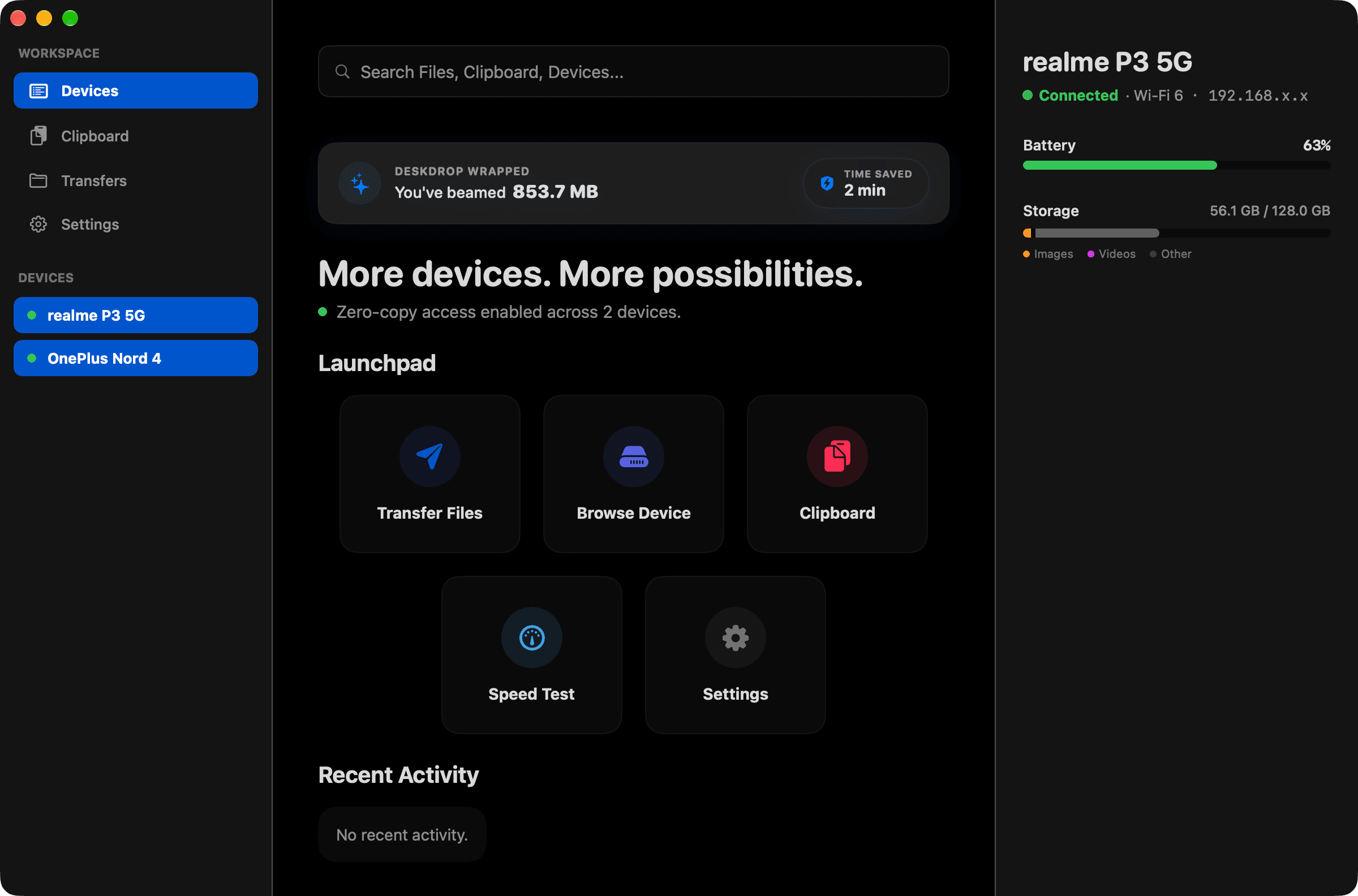 Deskdrop for macOS: Devices. Every paired phone and computer, with battery, storage and a launchpad for what you do most.