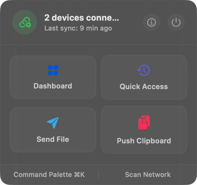 Deskdrop's macOS menu bar card: two devices connected, with Dashboard, Quick Access, Send File and Push Clipboard