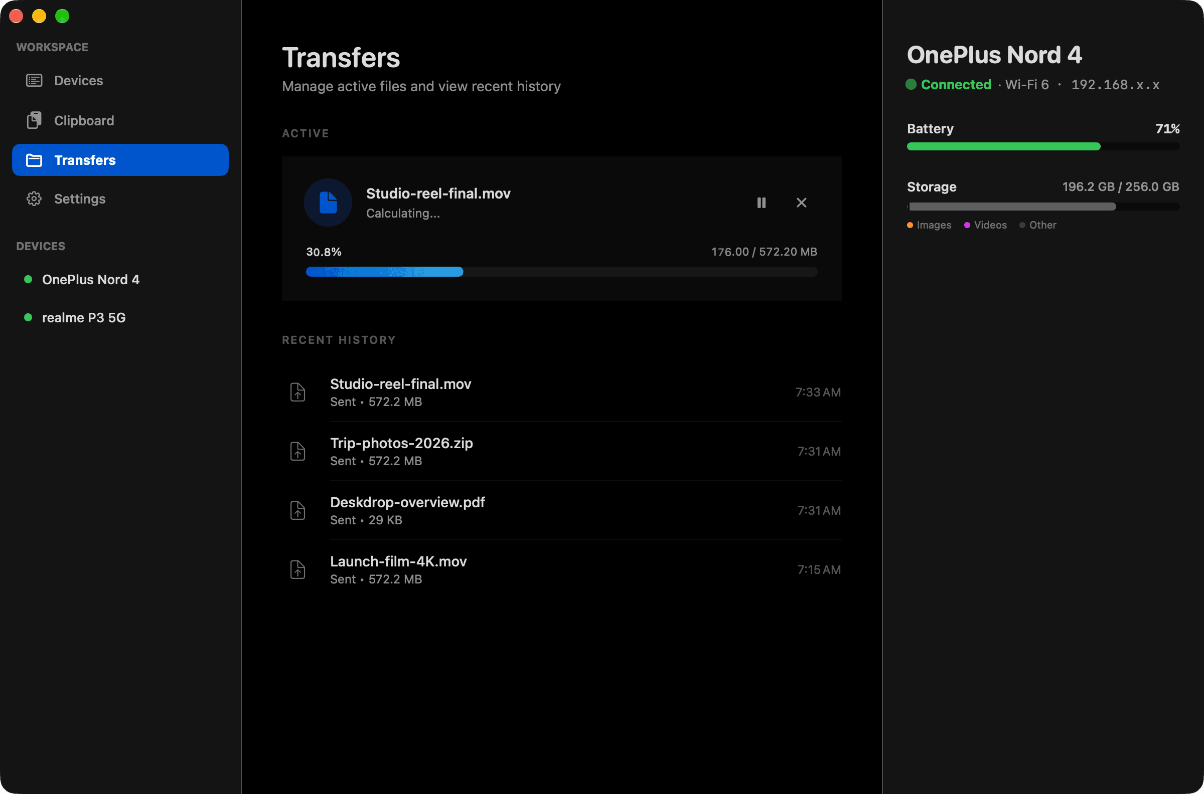 Deskdrop for macOS, Transfers screen