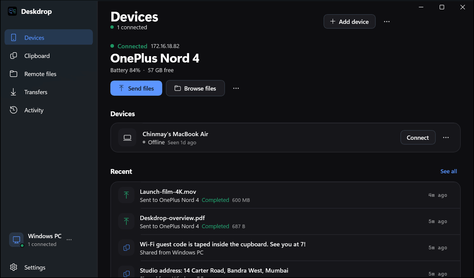 Deskdrop for Windows: Devices. Your connected phone front and centre, with battery, free space, and one click to send or browse its files.