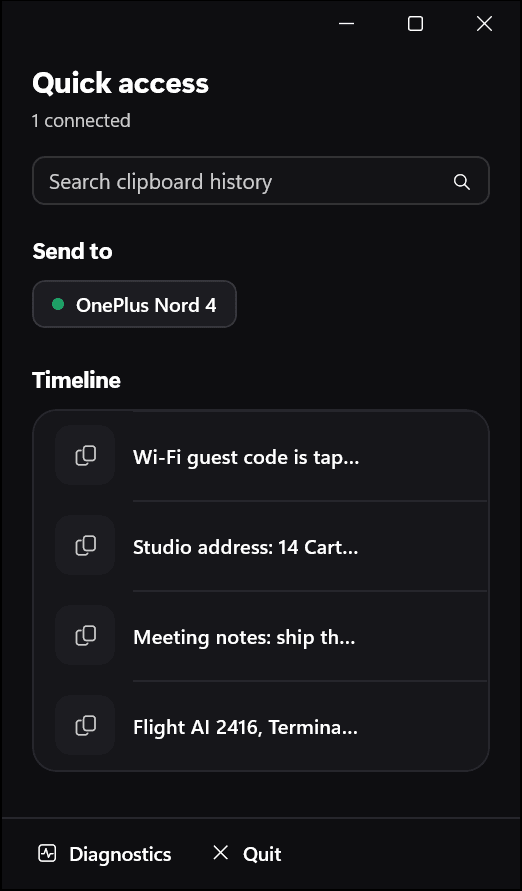 Deskdrop Quick access panel on Windows, with clipboard search and a Send to button