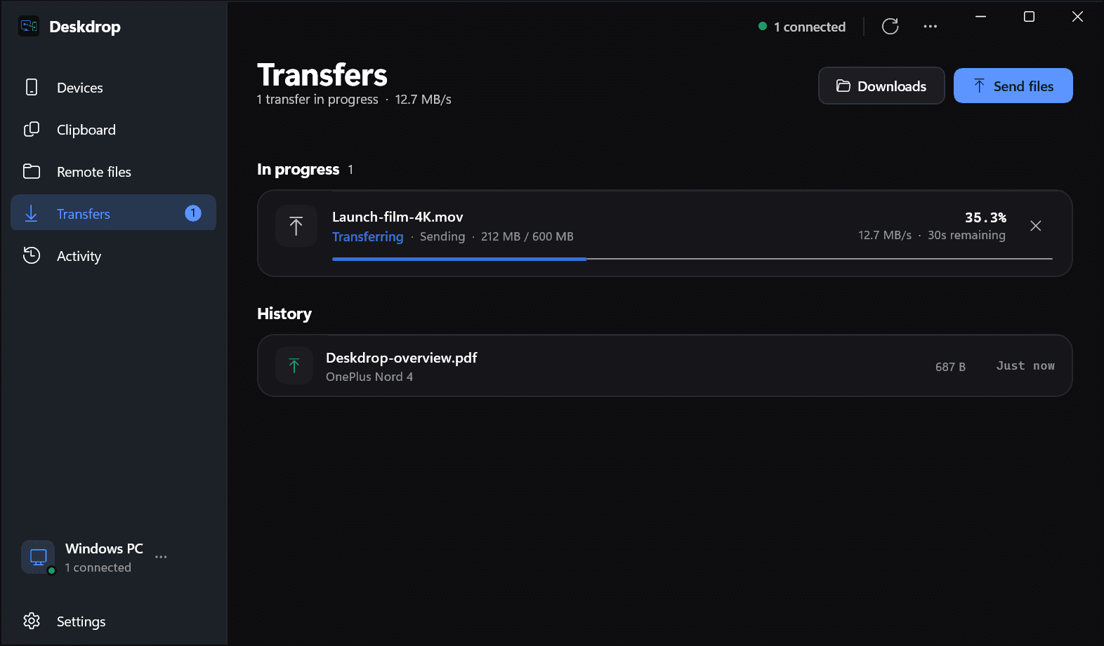 Deskdrop for Windows sending Launch-film-4K.mov to a OnePlus Nord 4, with speed and time remaining