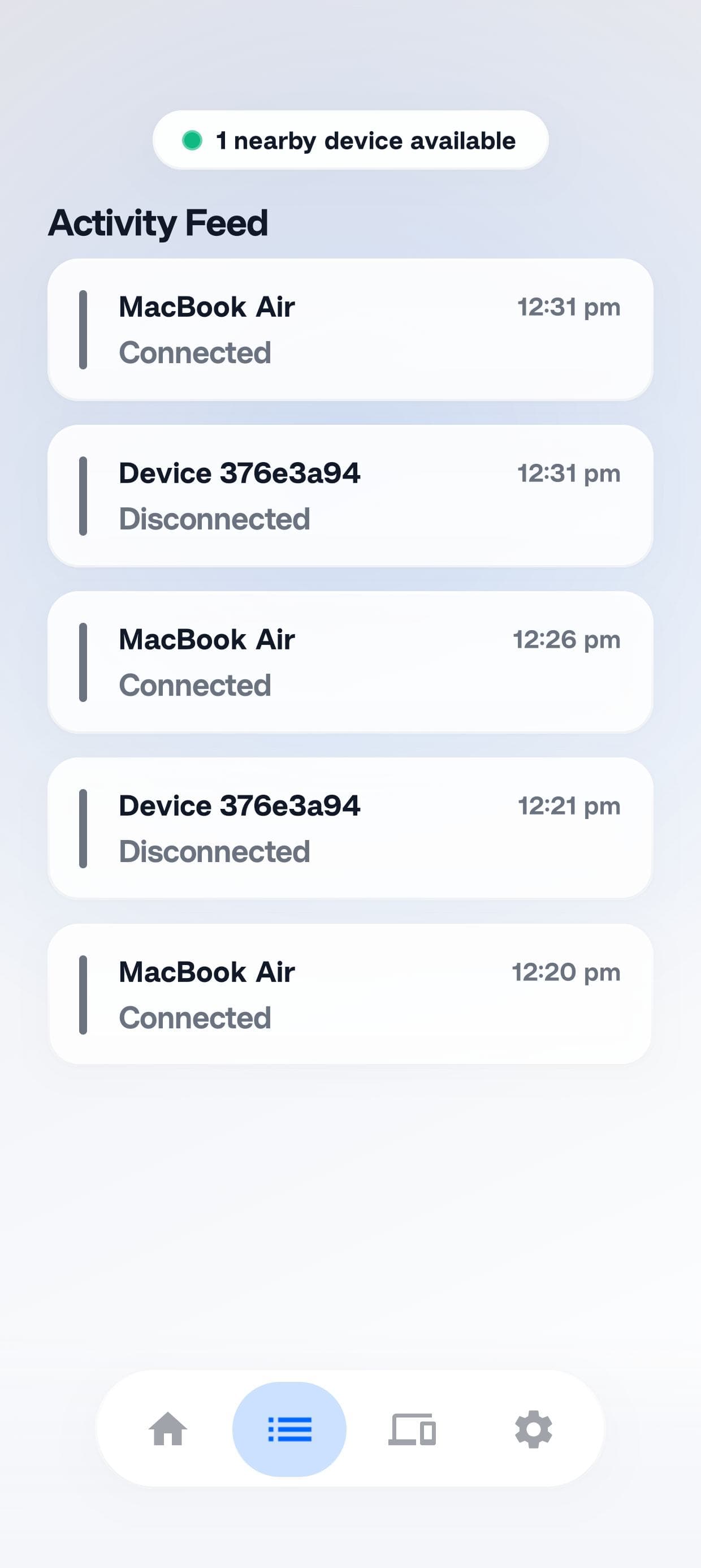 Mobile interface showing the Deskdrop timeline activity feed with a history of copied text and files