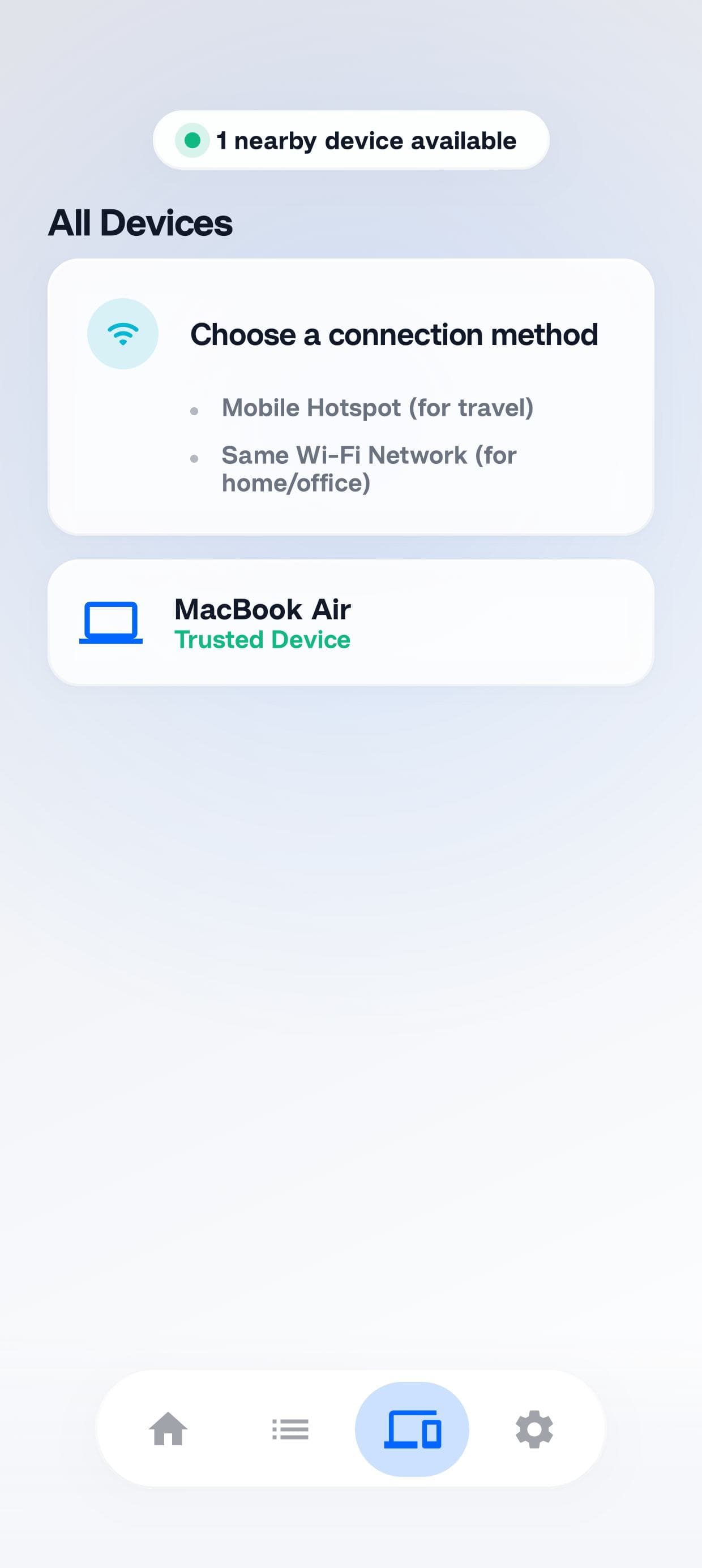 Mobile interface showing local device discovery