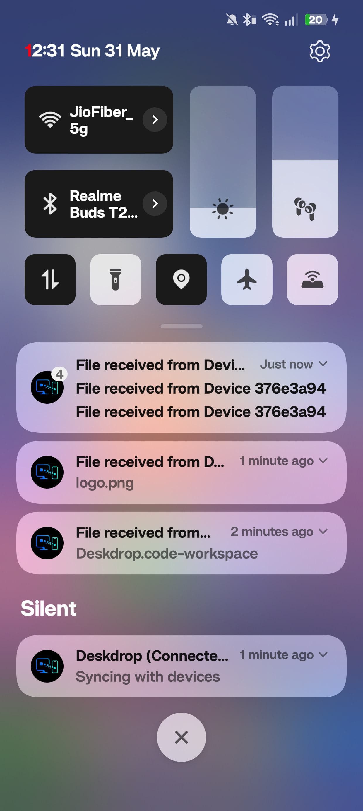 Mobile interface showing file transfer progress notifications
