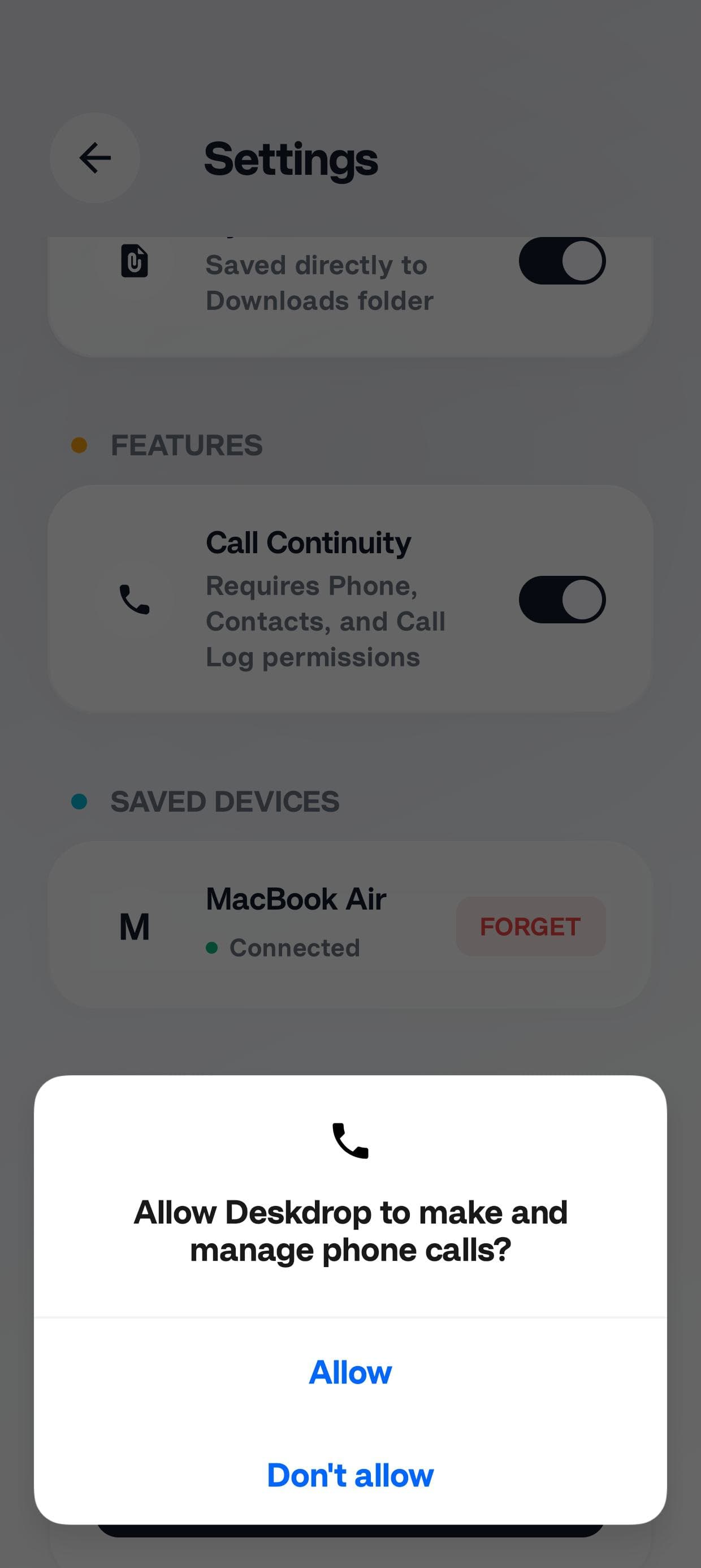 Phone Continuity Mobile Settings